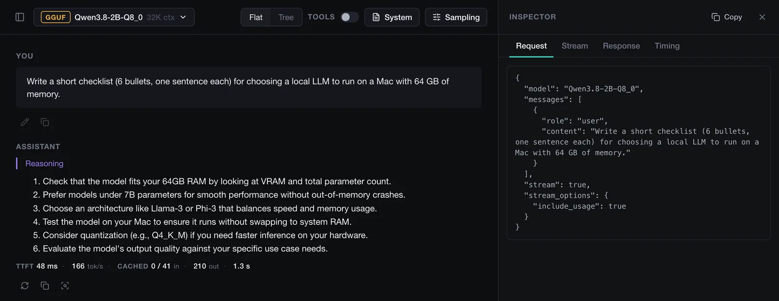A finished chat reply with its timing line, next to the inspector panel showing the exact JSON request sent to the engine.