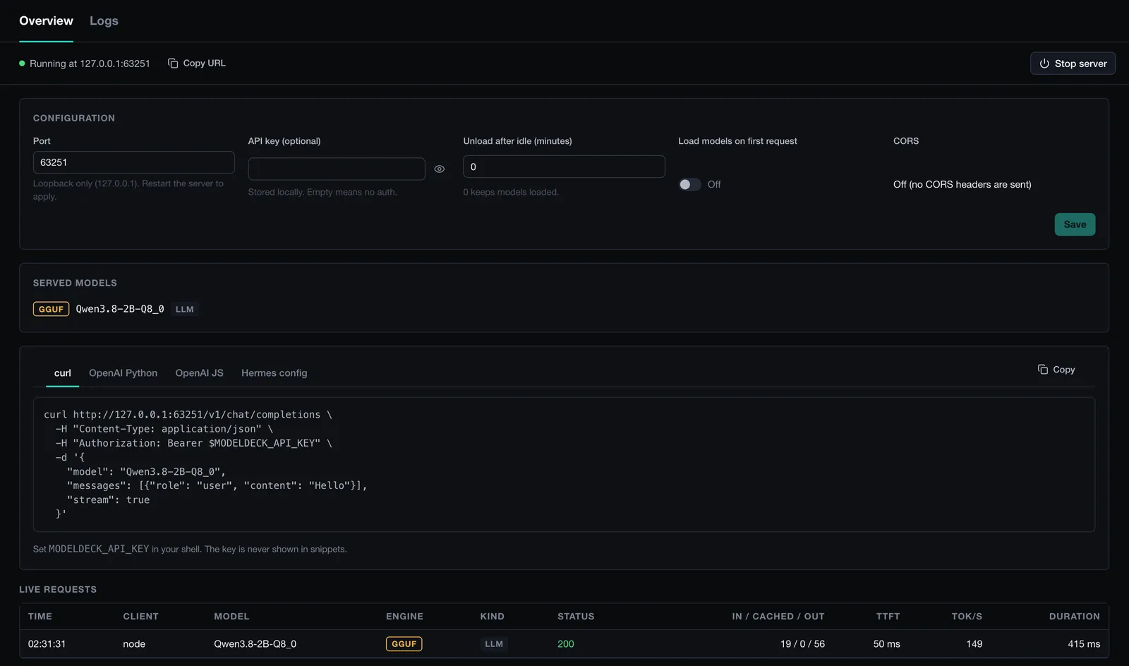 The Server screen: running on a loopback address, configuration for port, optional API key and idle unload, served models, a ready-to-copy curl example, and a live request log with time to first token and tokens per second.